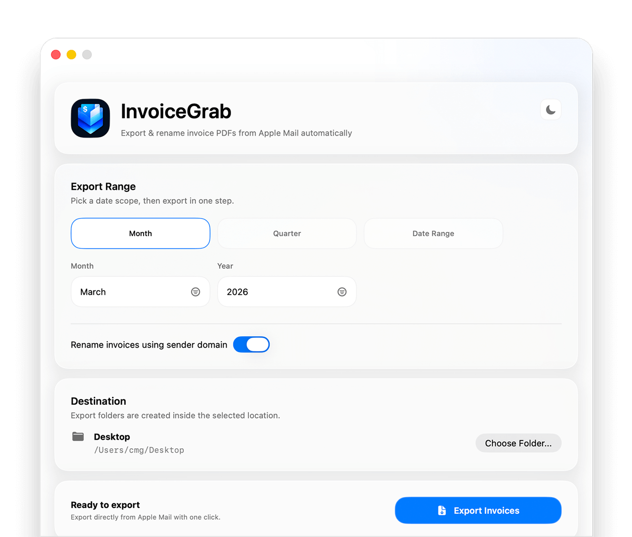InvoiceGrab app: export all PDF invoices from Apple Mail in one click