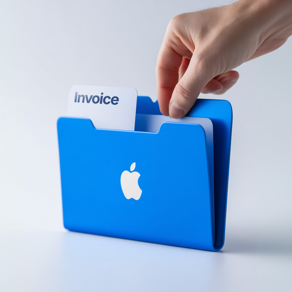 Hand pulling an invoice out of a blue Apple folder. InvoiceGrab automatically downloads PDF invoices from Apple Mail
